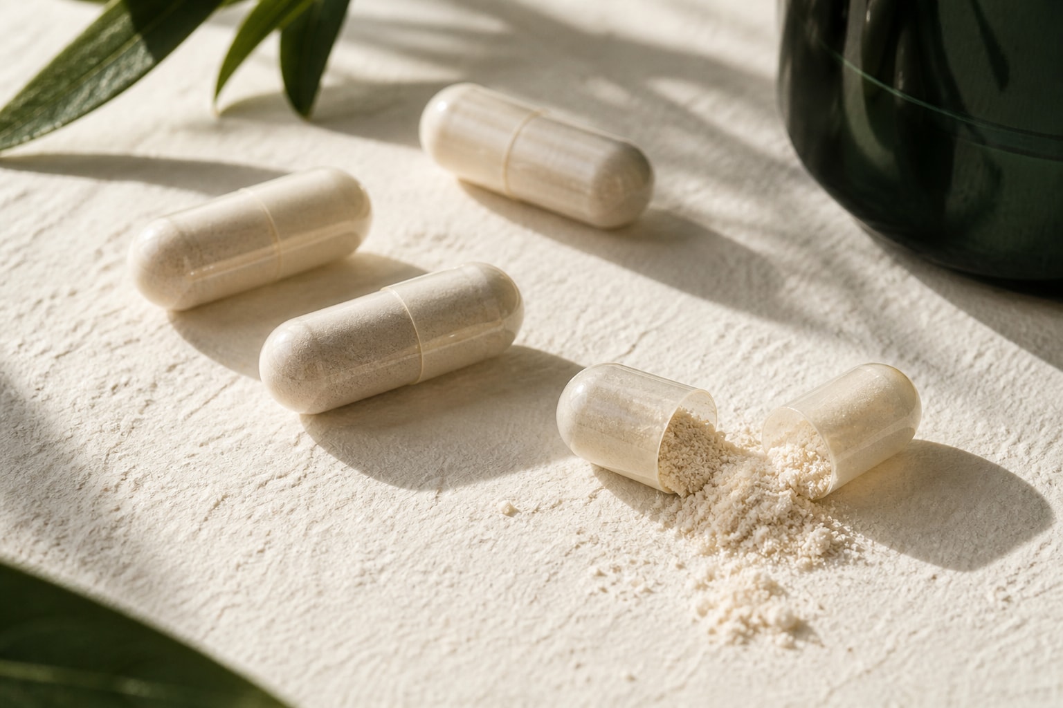 A close-up capsule-format concept, with ivory capsules and an opened capsule on a textured surface.