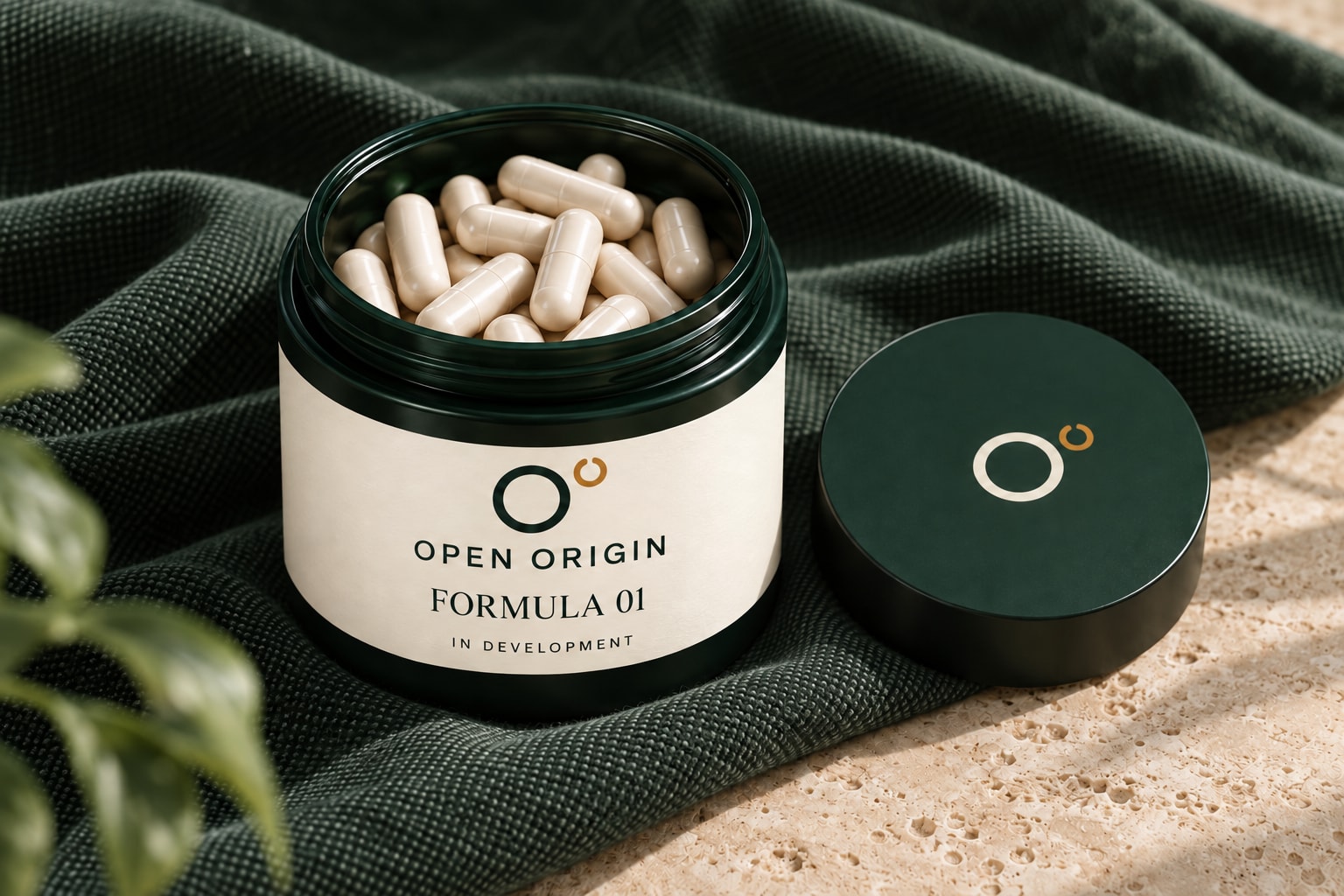 Concept packaging for Open Origin’s first capsule formula, with the open jar and cap.