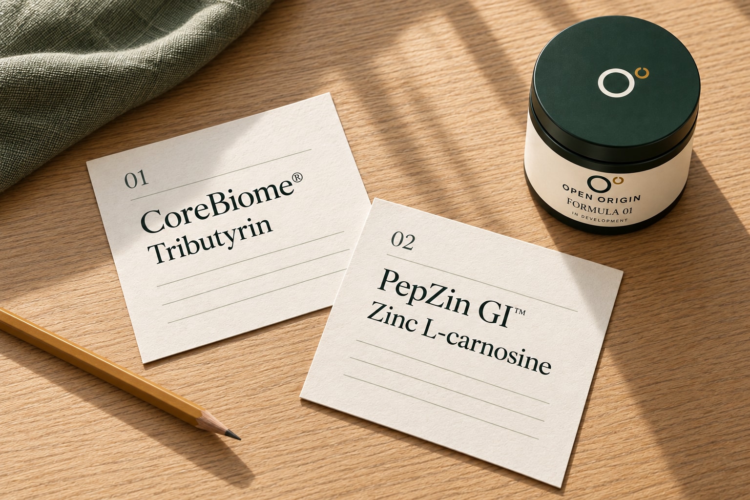 Printed ingredient reference cards for CoreBiome tributyrin and PepZin GI zinc L-carnosine.