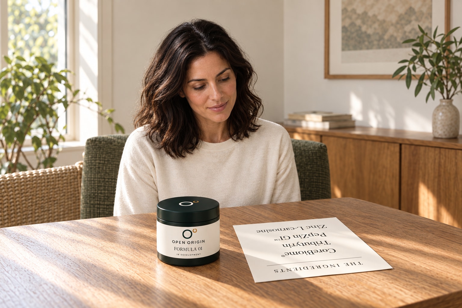 A woman reviewing an ingredient card beside an Open Origin concept jar at a sunlit table.