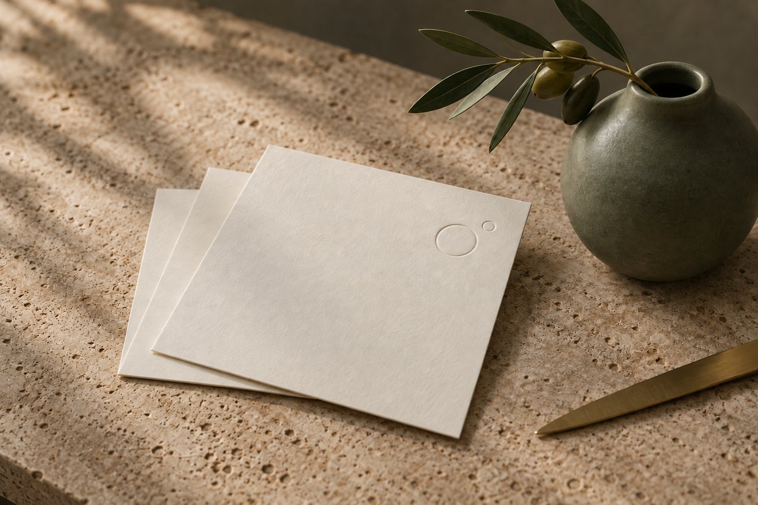 Three cream cards embossed with the Open Origin mark, beside a sage vessel holding an olive sprig.
