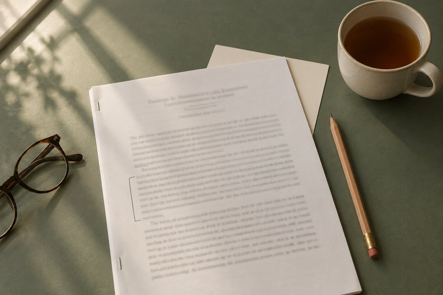 A printed study with one paragraph bracketed in pencil, reading glasses, and a cup of tea on a sage tabletop.